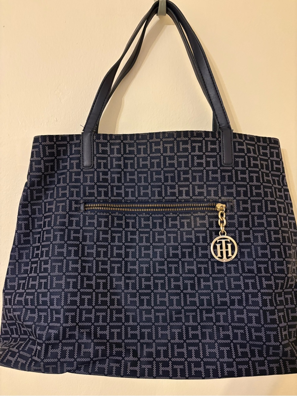 Tommy Hilfiger Navy Logo Jacquard Tote with Gold Charm